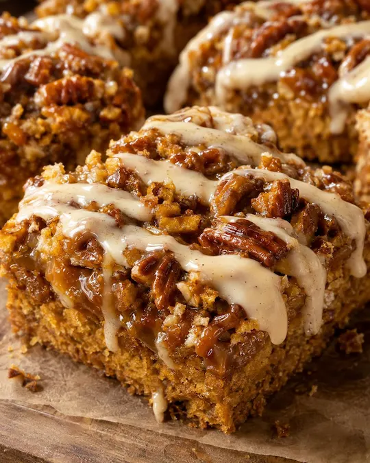 Gooey Pumpkin Caramel Crunch Bars with Bourbon Cream Cheese Glaze
