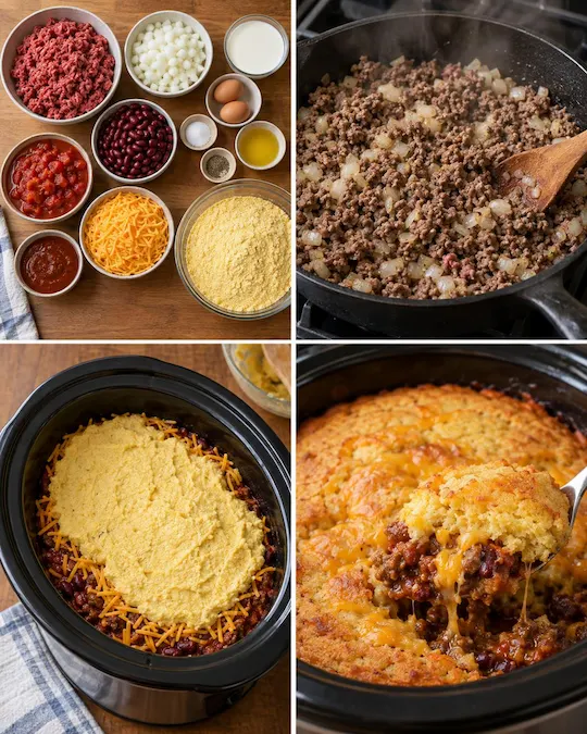 Crockpot Cheesy Chili Cornbread Bake