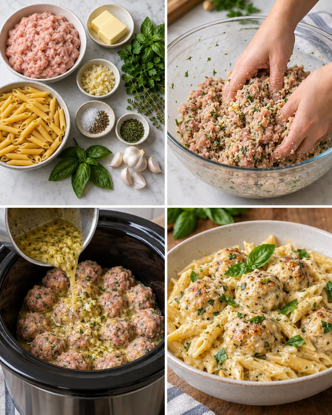Crockpot Garlic Butter Chicken Meatball Pasta