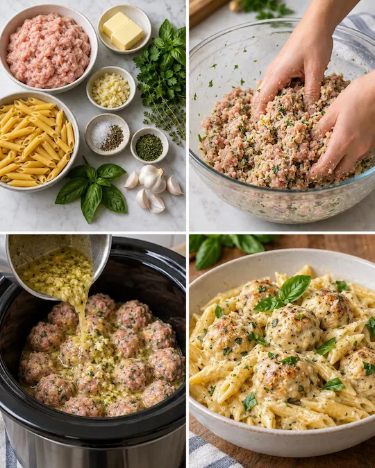 Crockpot Garlic Butter Chicken Meatball Pasta