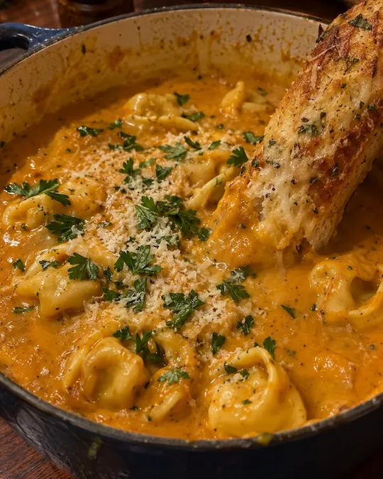 Creamy Pumpkin Tortellini Soup with Cheesy Garlic Breadsticks