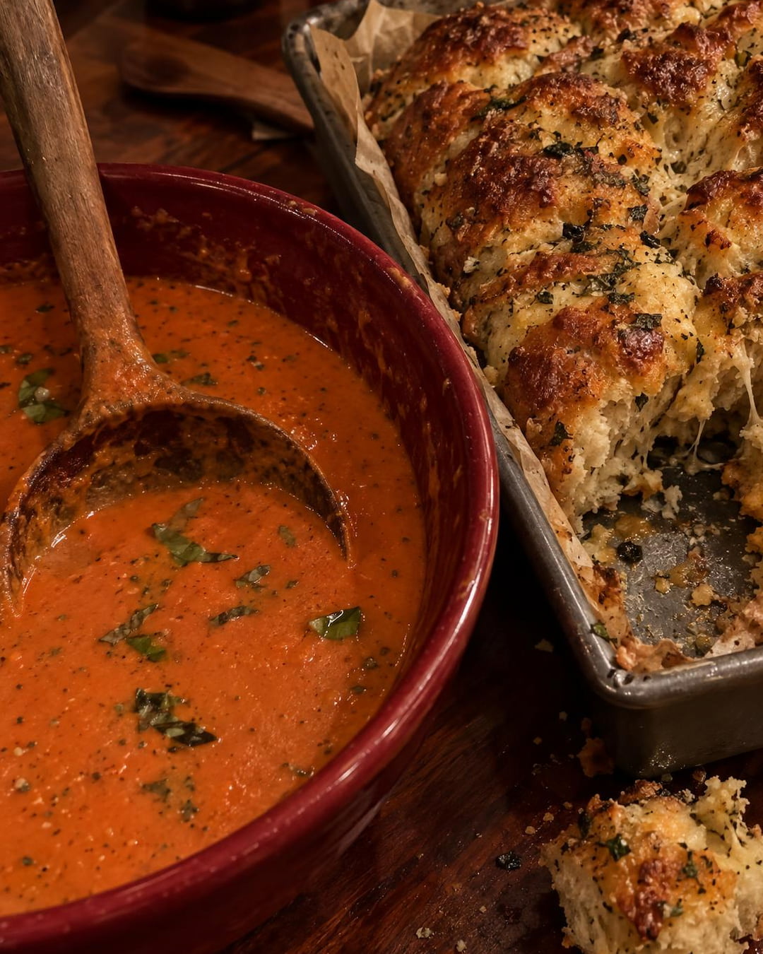 Creamy Tomato Basil Soup with Parmesan Pull-Apart Bread